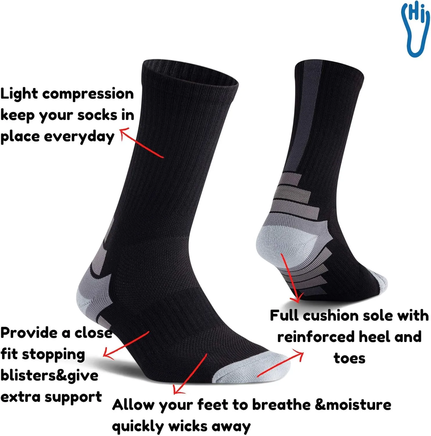 Athletic-Crew-Socks for Men, Cushioned Socks with Moisture Wicking and Arch Support for Running Hiking, Work Boots 3Pairs