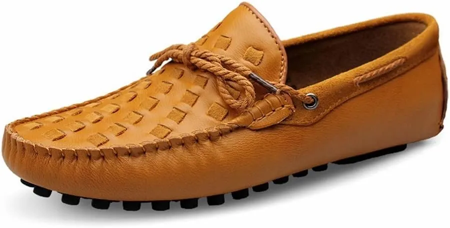 Easy to Put and Remove. Driving Moccasins Loafer Shoes for Men Woven Genuine Leather Deck Shoes Stitching Details Rubber Sole Flat Heel Anti-Slip Flexible Casual Slip on for All Occasions