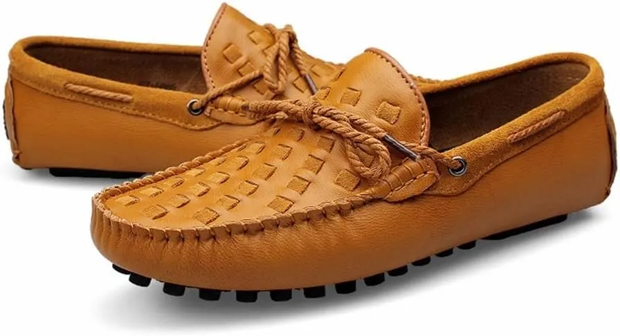 Easy to Put and Remove. Driving Moccasins Loafer Shoes for Men Woven Genuine Leather Deck Shoes Stitching Details Rubber Sole Flat Heel Anti-Slip Flexible Casual Slip on for All Occasions