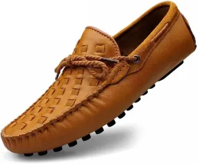 Easy to Put and Remove. Driving Moccasins Loafer Shoes for Men Woven Genuine Leather Deck Shoes Stitching Details Rubber Sole Flat Heel Anti-Slip Flexible Casual Slip on for All Occasions
