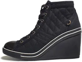 epdavin Women's Casual Canvas High Top High Heel Wedges Quilted Lace Up Sneakers