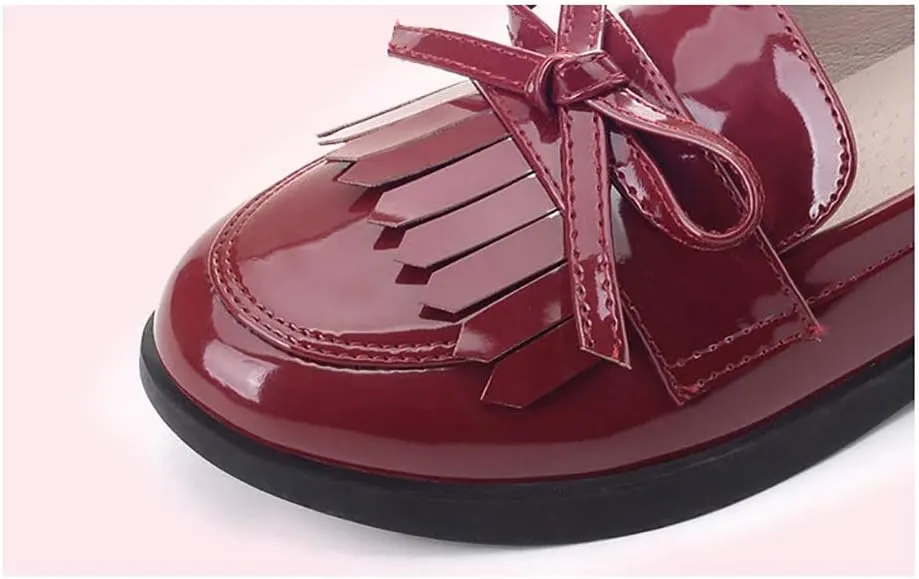 Girls Bowknot Tassel Slip On Loafers Leather Girls Dress Shoes Flats