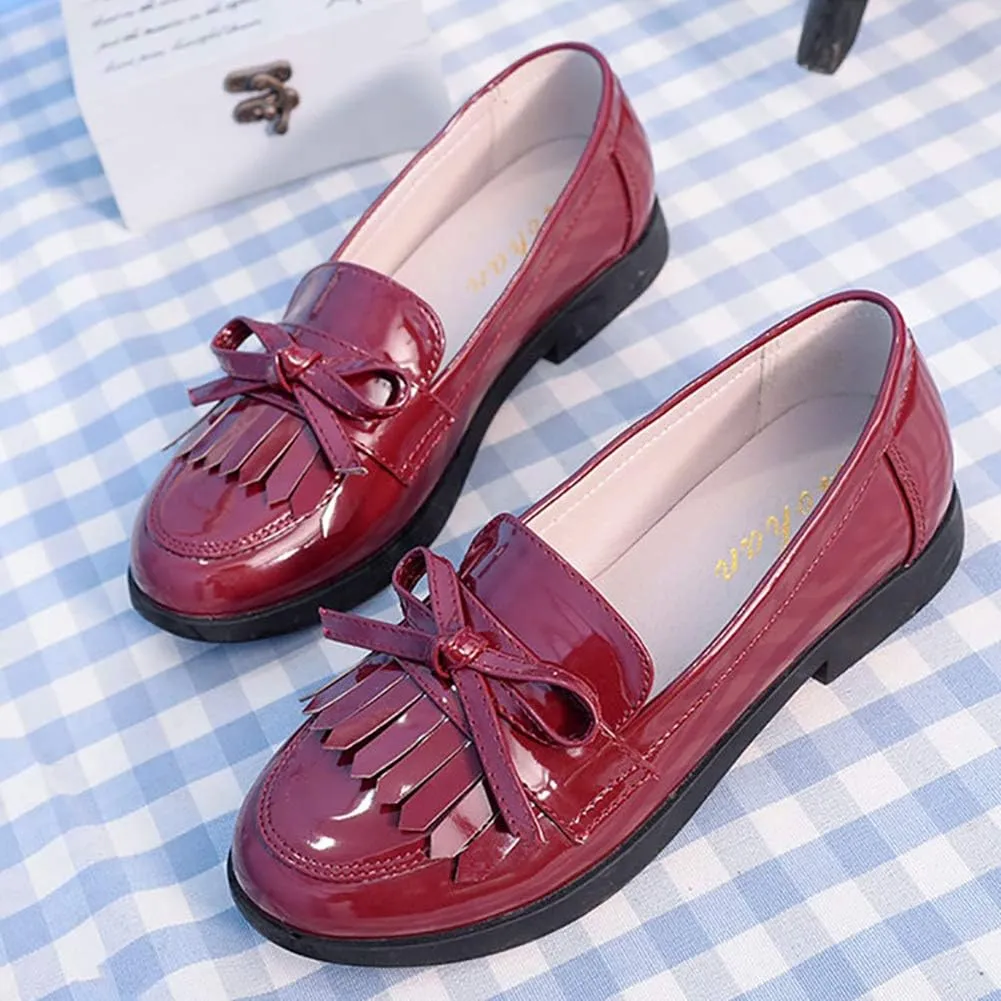 Girls Bowknot Tassel Slip On Loafers Leather Girls Dress Shoes Flats