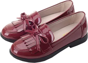 Girls Bowknot Tassel Slip On Loafers Leather Girls Dress Shoes Flats