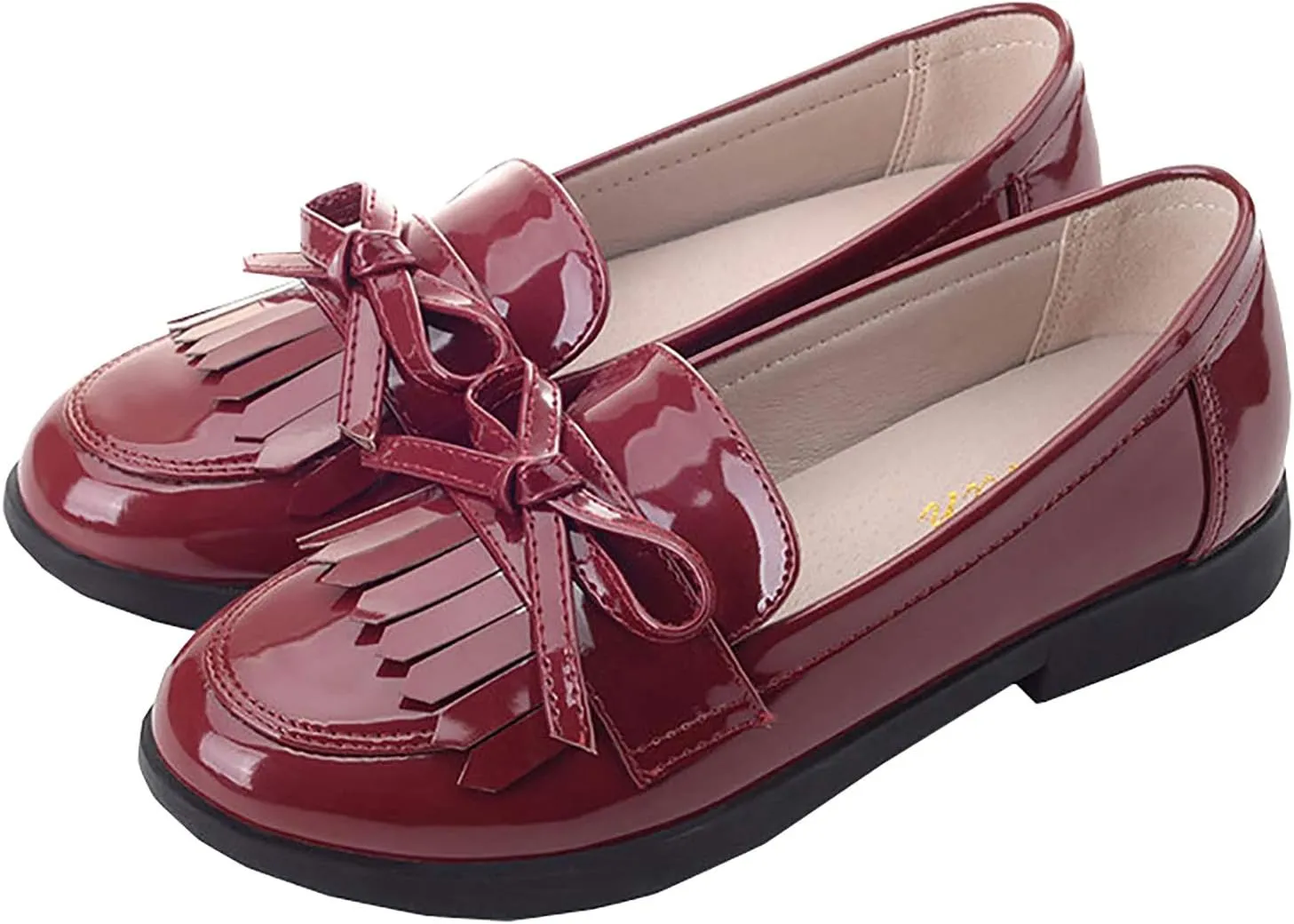 Girls Bowknot Tassel Slip On Loafers Leather Girls Dress Shoes Flats