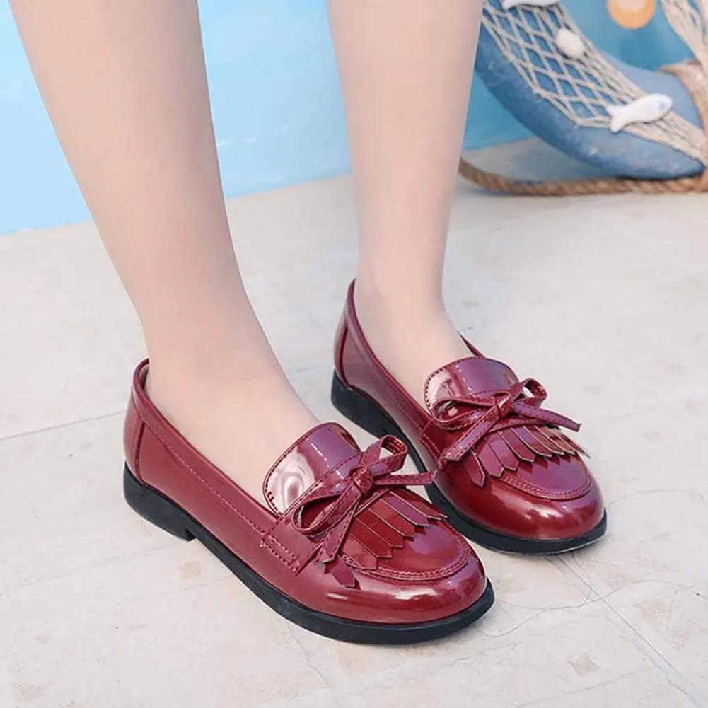 Girls Bowknot Tassel Slip On Loafers Leather Girls Dress Shoes Flats