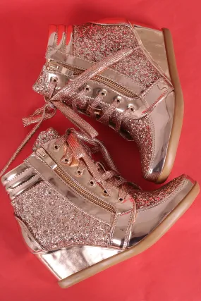 Glitter Encrusted Lace-Up High Top Wedge Sneaker