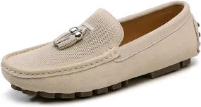 HOOENG Driving Moccasins for Men Genuine Leather Stitching Details Round Toe Tassel Suede Vamp Perforated Flexible Lightweight Flat Heel Driving Slip On (Color : Khaki, Size : 10)