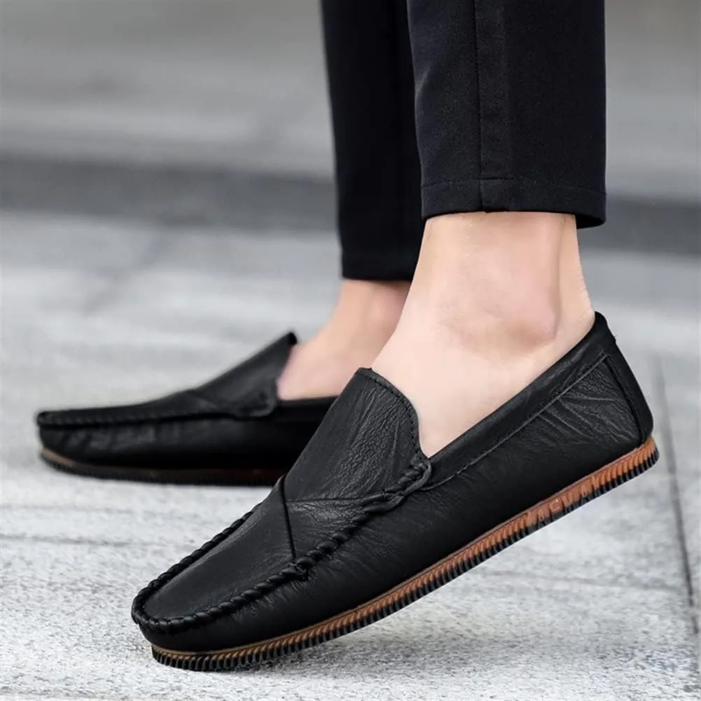 HOOENG Loafer Shoes for Men Vegan Leather Stitching Details Round Toe Rubber Sole Resistant Flexible Anti-Slip Lightweight Driving Slip On