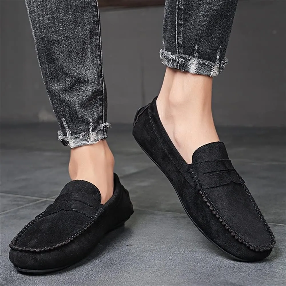 HOOENG Loafers for Men Genuine Leather Round Toe Suede Vamp Penny Loafer Flat Heel Comfortable Lightweight Walking Party Slip-on
