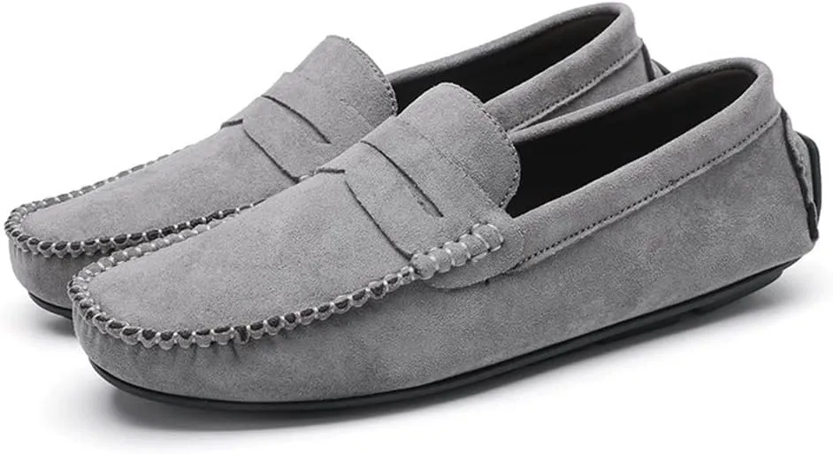 HOOENG Loafers for Men Genuine Leather Round Toe Suede Vamp Penny Loafer Flat Heel Comfortable Lightweight Walking Party Slip-on