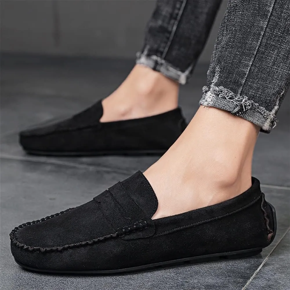 HOOENG Loafers for Men Genuine Leather Round Toe Suede Vamp Penny Loafer Flat Heel Comfortable Lightweight Walking Party Slip-on