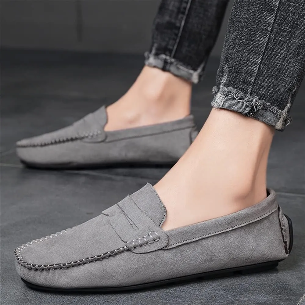 HOOENG Loafers for Men Genuine Leather Round Toe Suede Vamp Penny Loafer Flat Heel Comfortable Lightweight Walking Party Slip-on