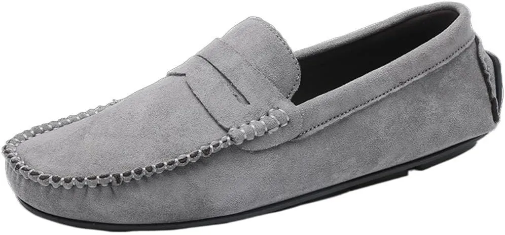 HOOENG Loafers for Men Genuine Leather Round Toe Suede Vamp Penny Loafer Flat Heel Comfortable Lightweight Walking Party Slip-on