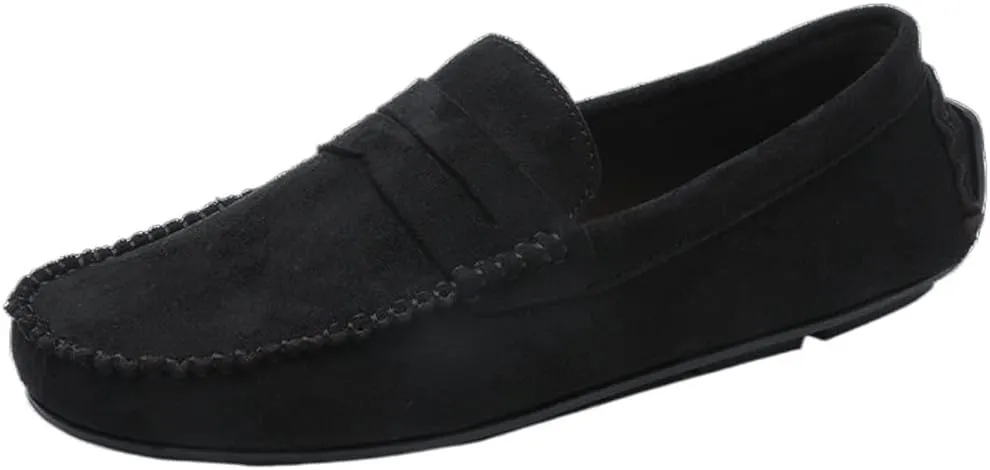 HOOENG Loafers for Men Genuine Leather Round Toe Suede Vamp Penny Loafer Flat Heel Comfortable Lightweight Walking Party Slip-on