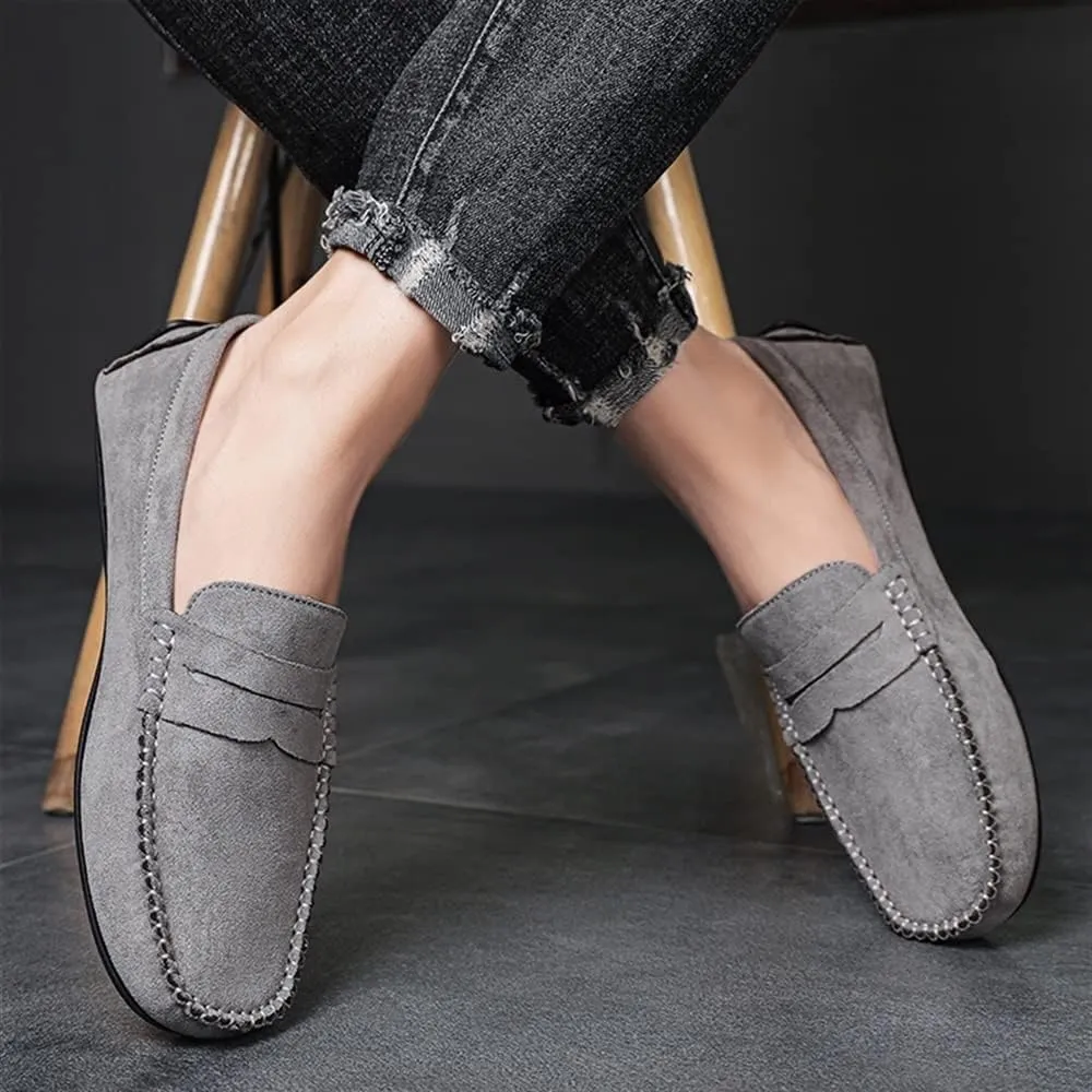 HOOENG Loafers for Men Genuine Leather Round Toe Suede Vamp Penny Loafer Flat Heel Comfortable Lightweight Walking Party Slip-on