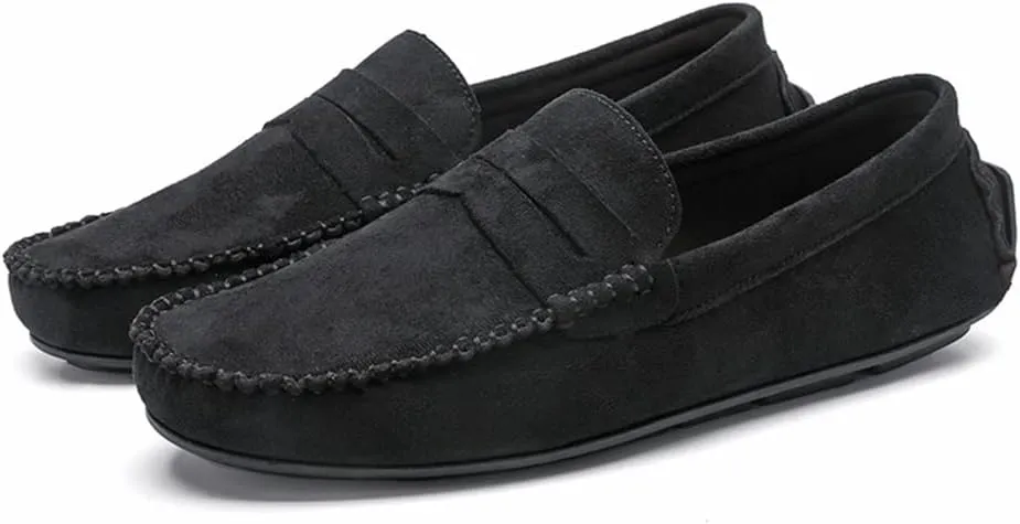 HOOENG Loafers for Men Genuine Leather Round Toe Suede Vamp Penny Loafer Flat Heel Comfortable Lightweight Walking Party Slip-on