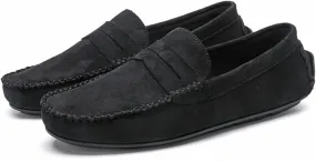 HOOENG Loafers for Men Genuine Leather Round Toe Suede Vamp Penny Loafer Flat Heel Comfortable Lightweight Walking Party Slip-on