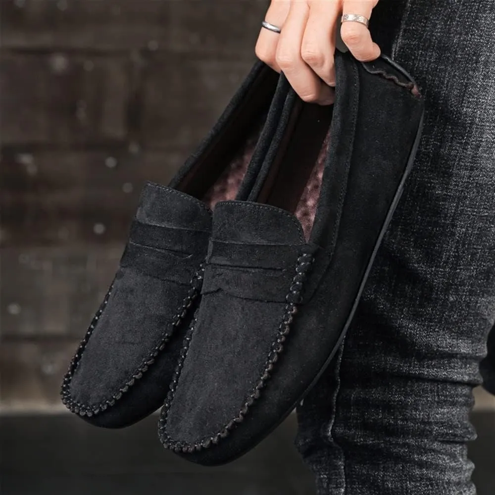 HOOENG Loafers for Men Genuine Leather Round Toe Suede Vamp Penny Loafer Flat Heel Comfortable Lightweight Walking Party Slip-on