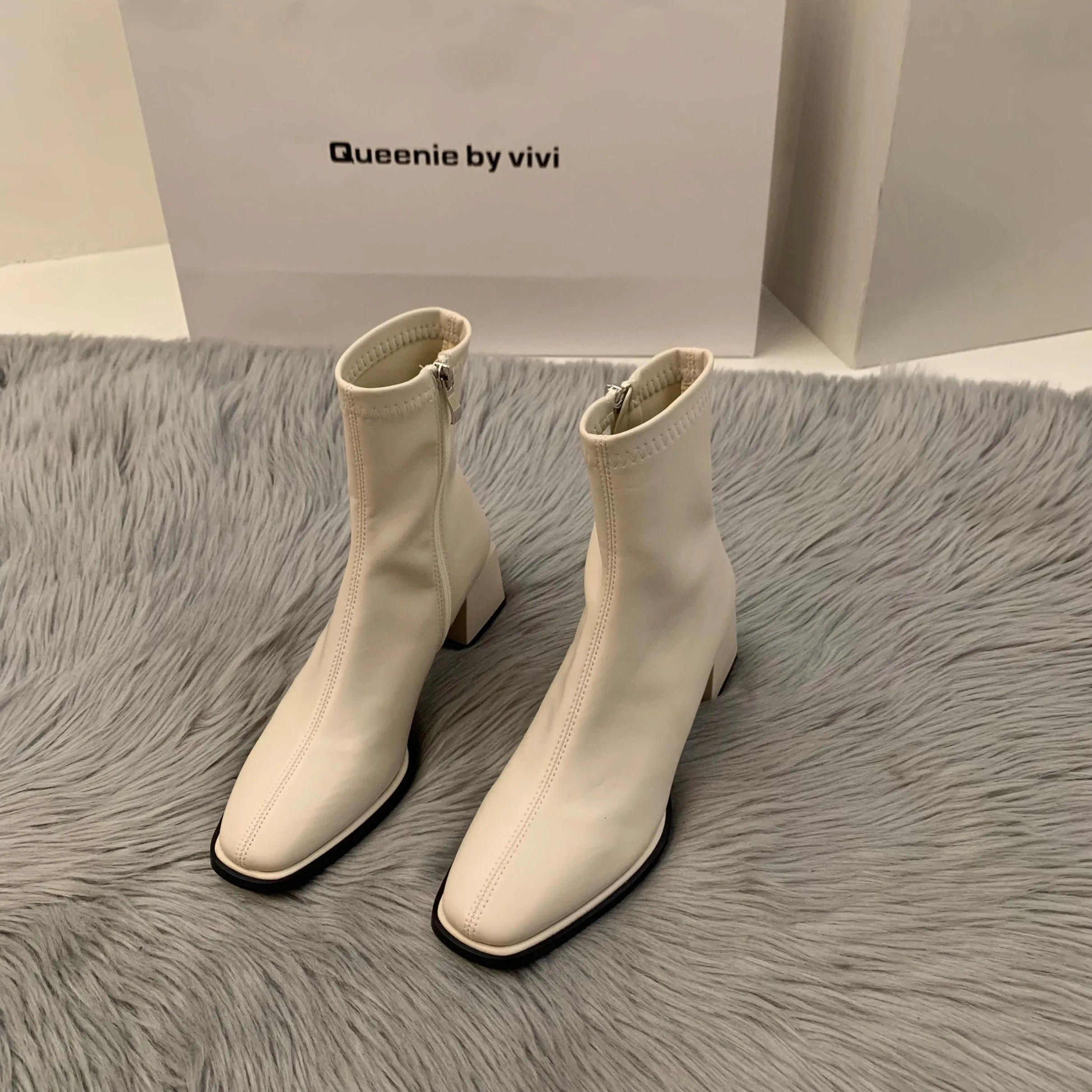 kamames High-Heeled Square Head Thin French Short Boots Women's Shoes 2024 New Spring And Autumn Single Boots Brown Martin Boots