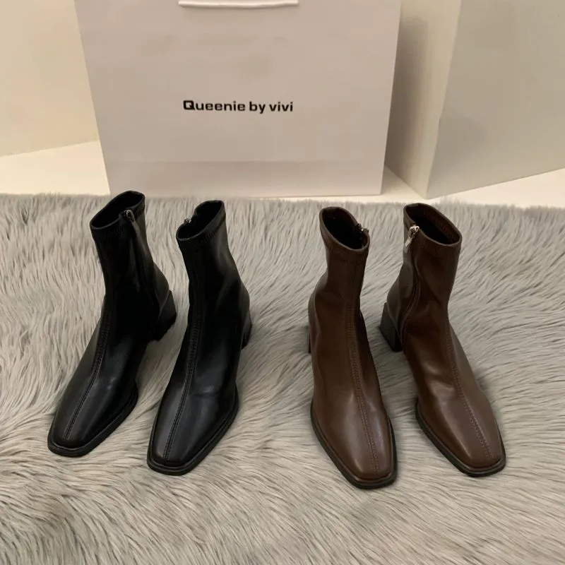 kamames High-Heeled Square Head Thin French Short Boots Women's Shoes 2024 New Spring And Autumn Single Boots Brown Martin Boots