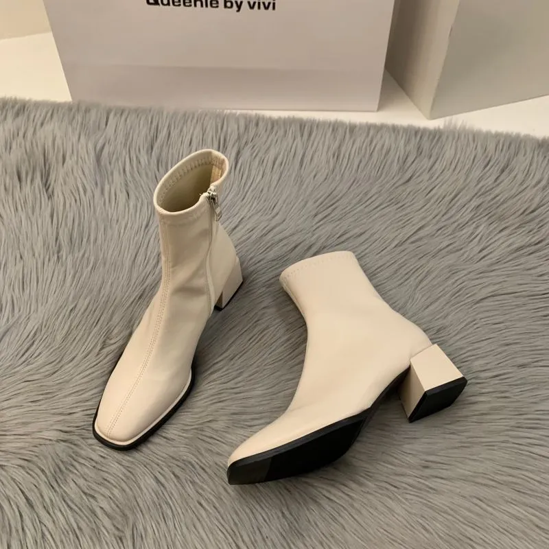 kamames High-Heeled Square Head Thin French Short Boots Women's Shoes 2024 New Spring And Autumn Single Boots Brown Martin Boots