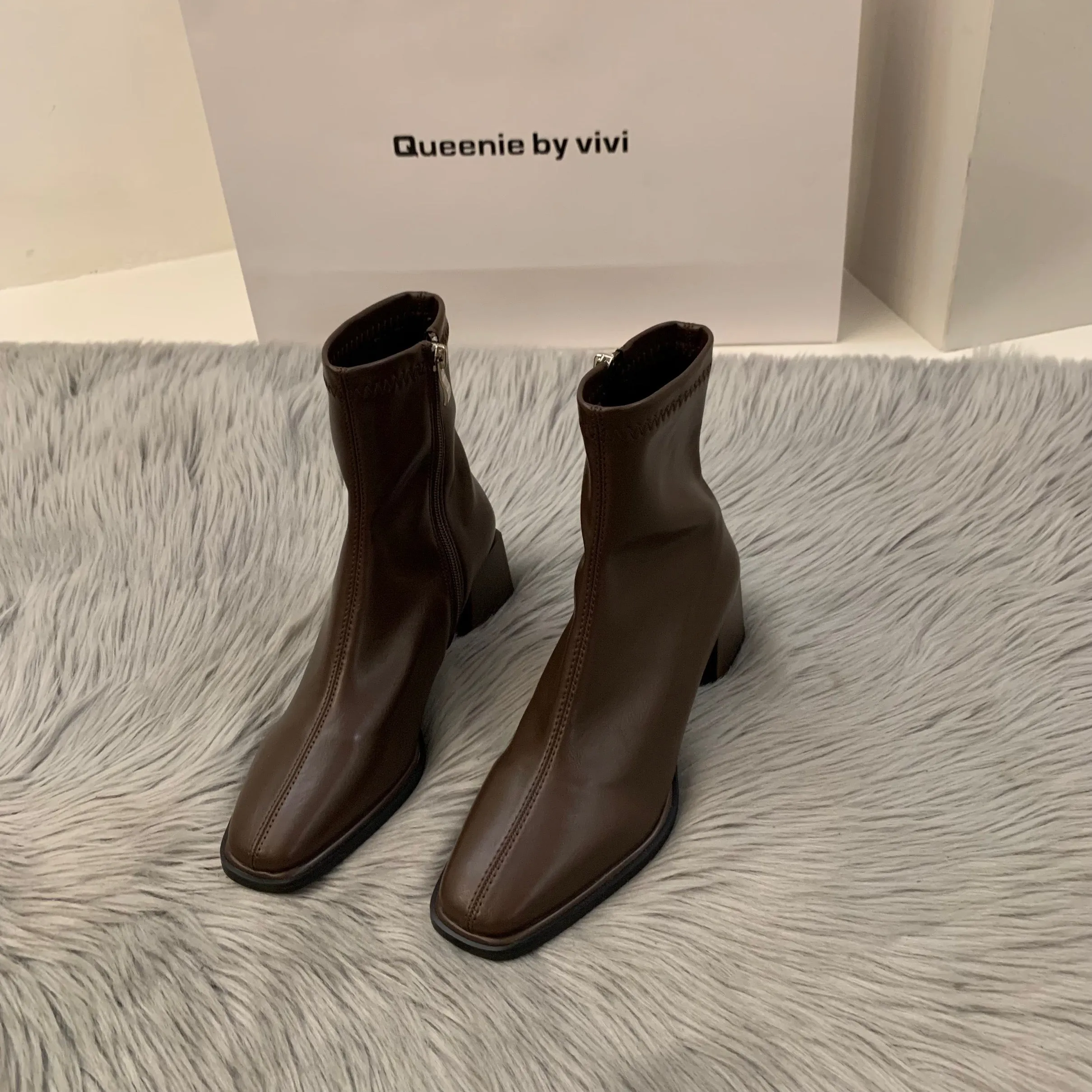 kamames High-Heeled Square Head Thin French Short Boots Women's Shoes 2024 New Spring And Autumn Single Boots Brown Martin Boots