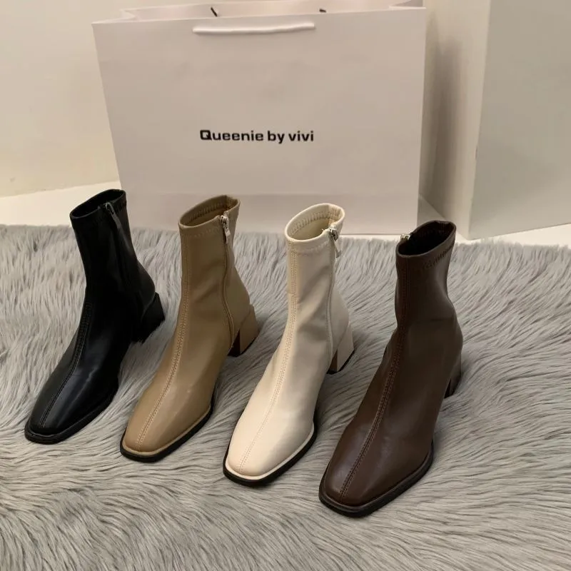 kamames High-Heeled Square Head Thin French Short Boots Women's Shoes 2024 New Spring And Autumn Single Boots Brown Martin Boots