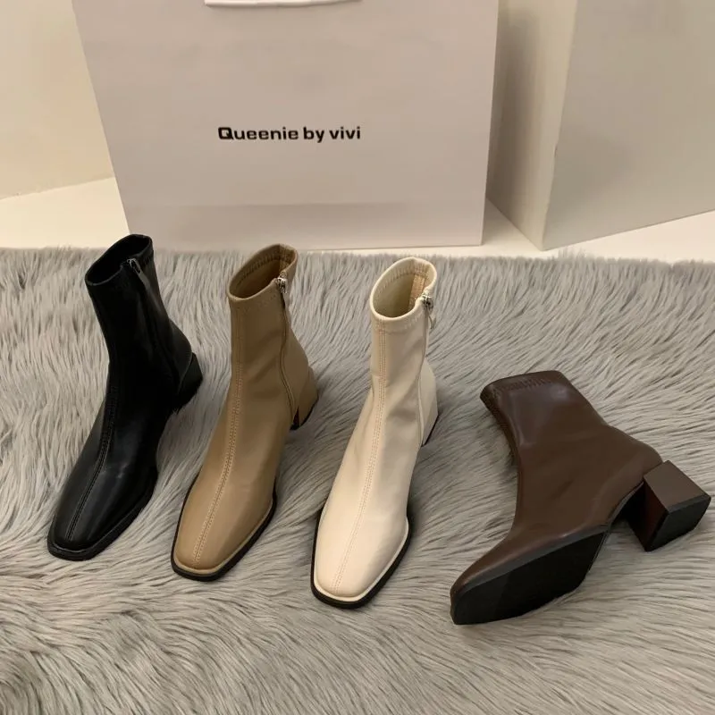 kamames High-Heeled Square Head Thin French Short Boots Women's Shoes 2024 New Spring And Autumn Single Boots Brown Martin Boots