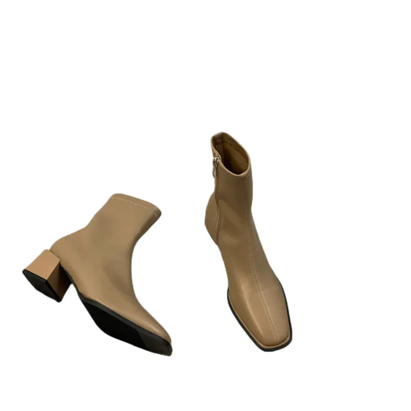 kamames High-Heeled Square Head Thin French Short Boots Women's Shoes 2024 New Spring And Autumn Single Boots Brown Martin Boots