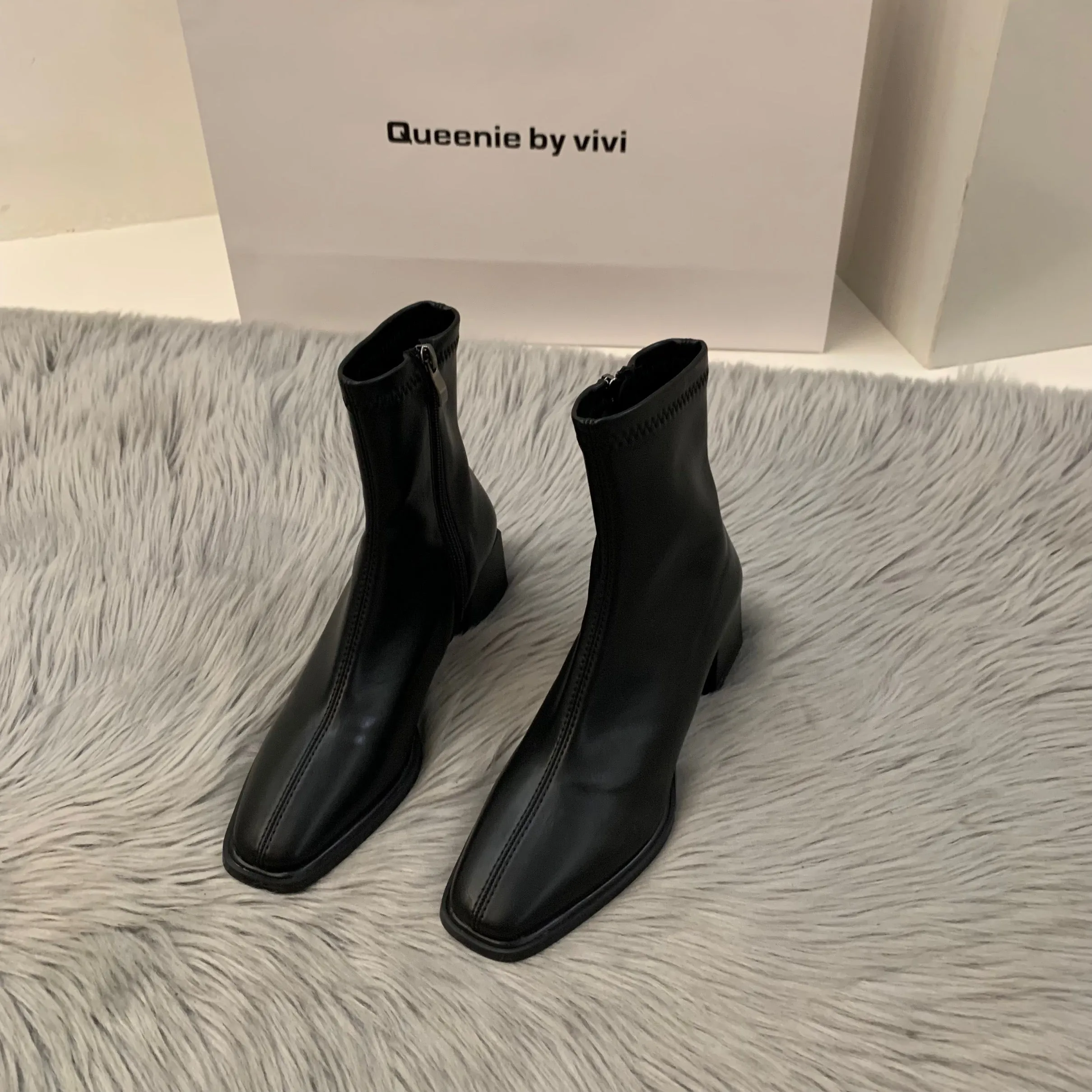 kamames High-Heeled Square Head Thin French Short Boots Women's Shoes 2024 New Spring And Autumn Single Boots Brown Martin Boots