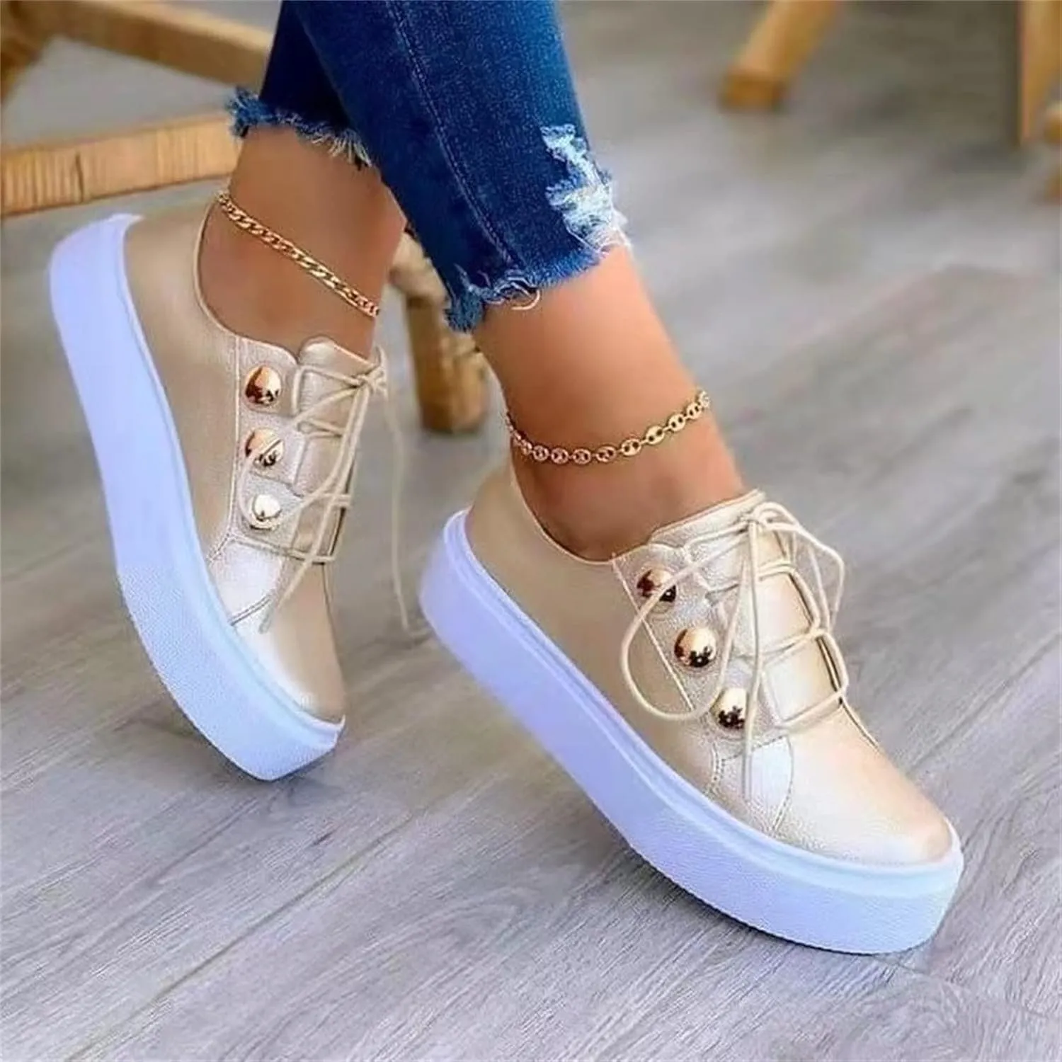 Lausiuoe Shoes For Women Dressy Casual Platform Leather Sneakers Slip on Low Top Fashion Comfortable Walking Flat Loafers