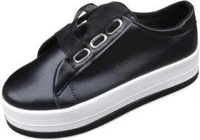 Lausiuoe Shoes for Women Sneakers Trendy Fashion Leather Shoes Round Toe Lightweight Slip On Sneakers Walking Flat Loafers