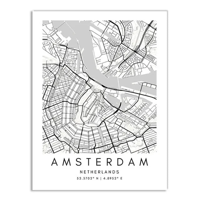 Minimalist Black & White Custom City Maps Canvas Wall Art - Fine Art Print for Home Office Decor, Featuring London, Paris & Amsterdam