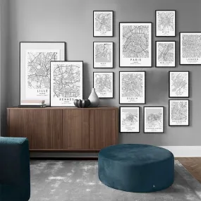 Minimalist Black & White Custom City Maps Canvas Wall Art - Fine Art Print for Home Office Decor, Featuring London, Paris & Amsterdam