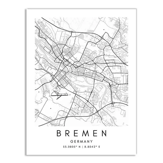 Minimalist Black & White Custom City Maps Canvas Wall Art - Fine Art Print for Home Office Decor, Featuring London, Paris & Amsterdam