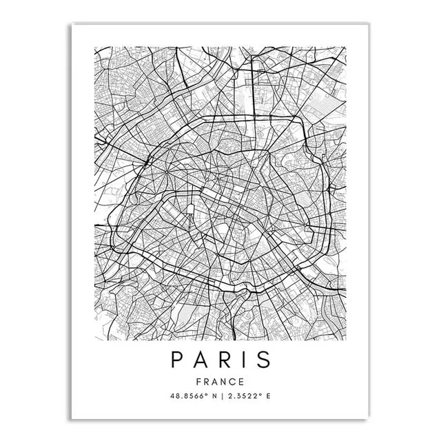 Minimalist Black & White Custom City Maps Canvas Wall Art - Fine Art Print for Home Office Decor, Featuring London, Paris & Amsterdam