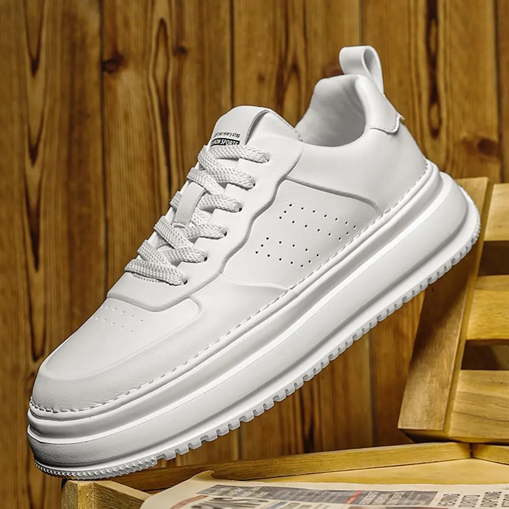 Men's Leather Lace-Up Sneakers Comfort Walking Shoes Cushioned Sole Elevator Shoes for Men Casual Skate