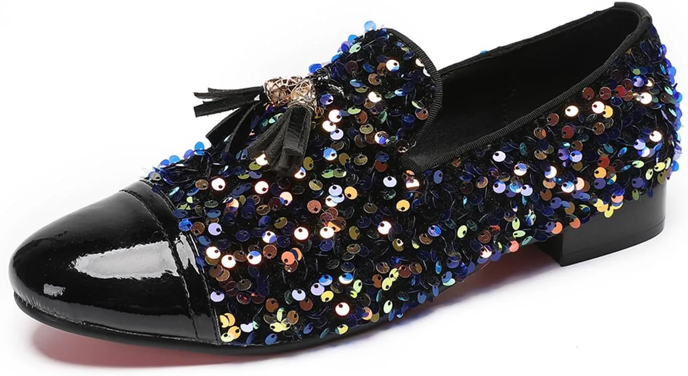 Santimon Men's Glitter & Tassel Dress Loafers | Genuine Leather Slip-On Wedding/Prom Shoes | Western-Inspired Moccasin Penny Loafers for Ballroom/Disco/Black-Tie Events