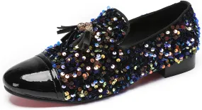 Santimon Men's Glitter & Tassel Dress Loafers | Genuine Leather Slip-On Wedding/Prom Shoes | Western-Inspired Moccasin Penny Loafers for Ballroom/Disco/Black-Tie Events