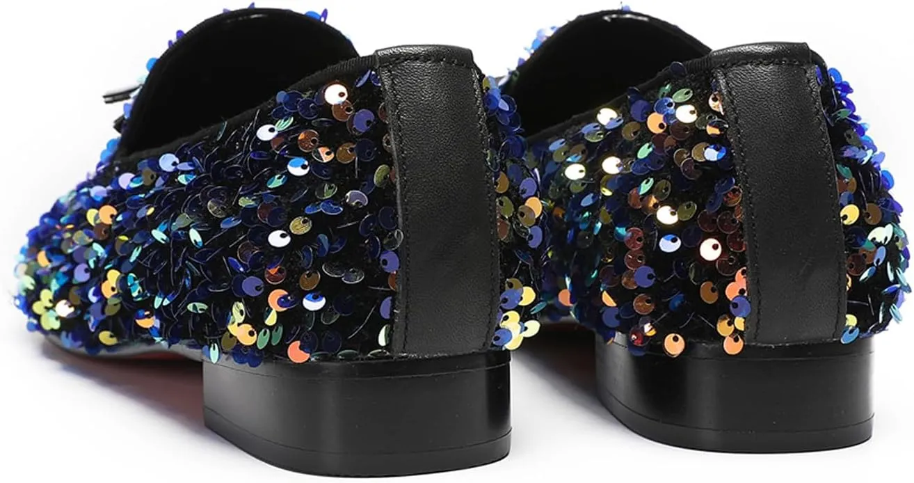 Santimon Men's Glitter & Tassel Dress Loafers | Genuine Leather Slip-On Wedding/Prom Shoes | Western-Inspired Moccasin Penny Loafers for Ballroom/Disco/Black-Tie Events
