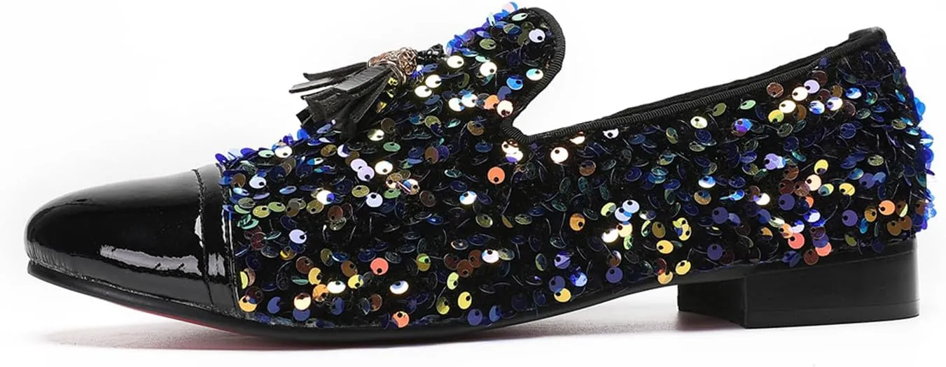 Santimon Men's Glitter & Tassel Dress Loafers | Genuine Leather Slip-On Wedding/Prom Shoes | Western-Inspired Moccasin Penny Loafers for Ballroom/Disco/Black-Tie Events