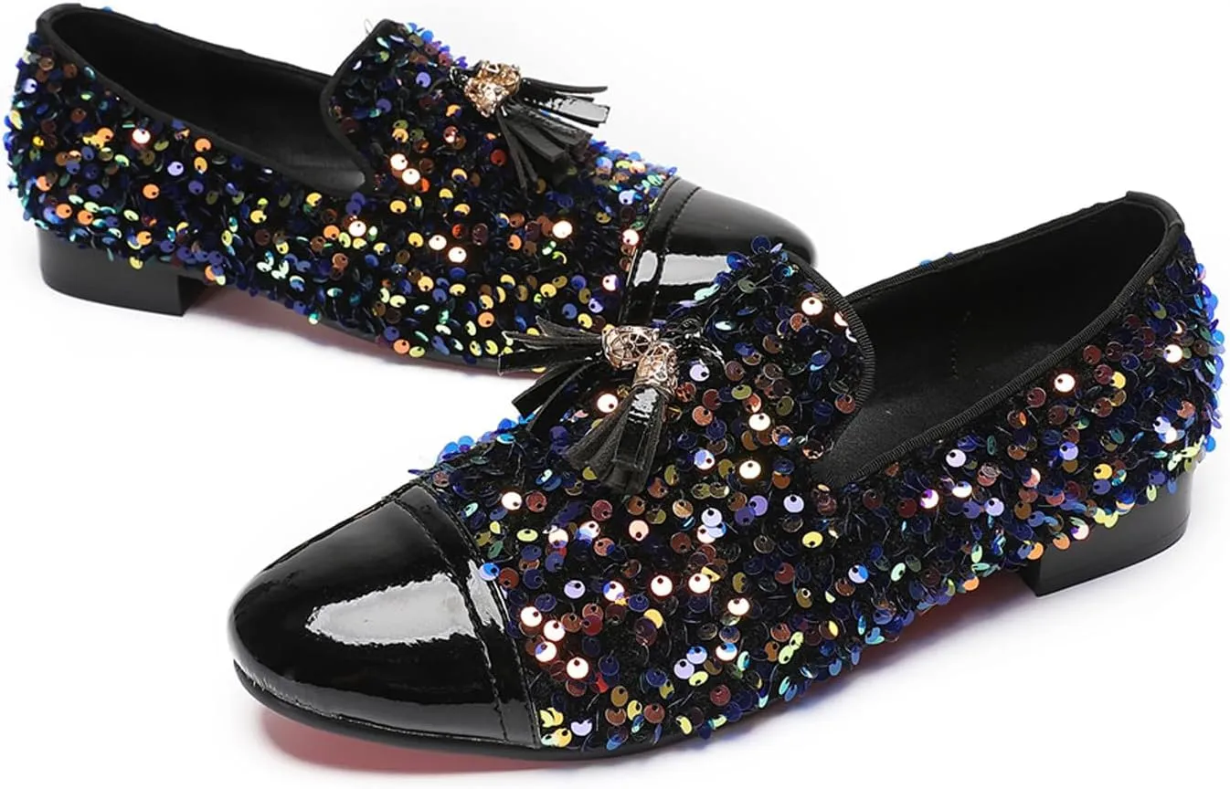 Santimon Men's Glitter & Tassel Dress Loafers | Genuine Leather Slip-On Wedding/Prom Shoes | Western-Inspired Moccasin Penny Loafers for Ballroom/Disco/Black-Tie Events