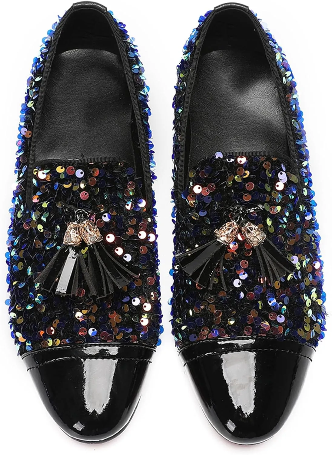 Santimon Men's Glitter & Tassel Dress Loafers | Genuine Leather Slip-On Wedding/Prom Shoes | Western-Inspired Moccasin Penny Loafers for Ballroom/Disco/Black-Tie Events