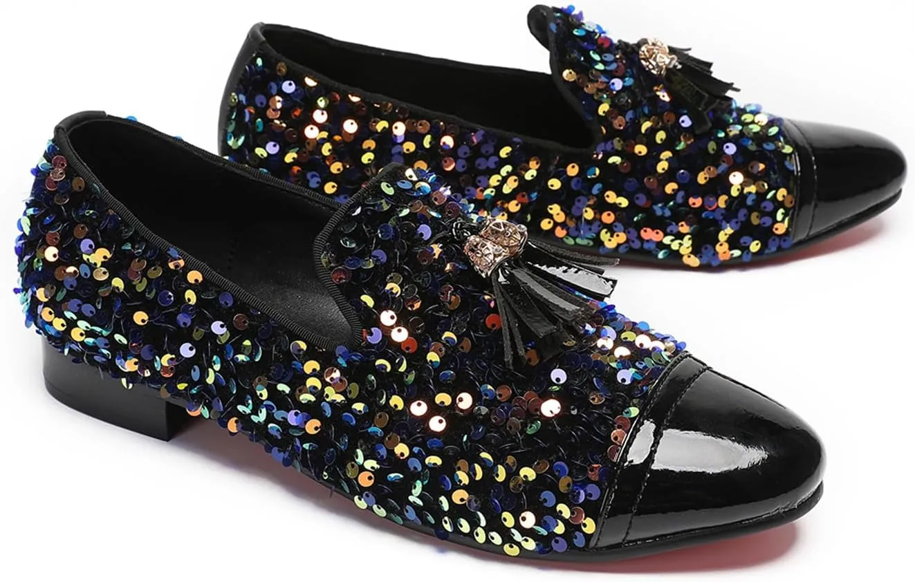 Santimon Men's Glitter & Tassel Dress Loafers | Genuine Leather Slip-On Wedding/Prom Shoes | Western-Inspired Moccasin Penny Loafers for Ballroom/Disco/Black-Tie Events