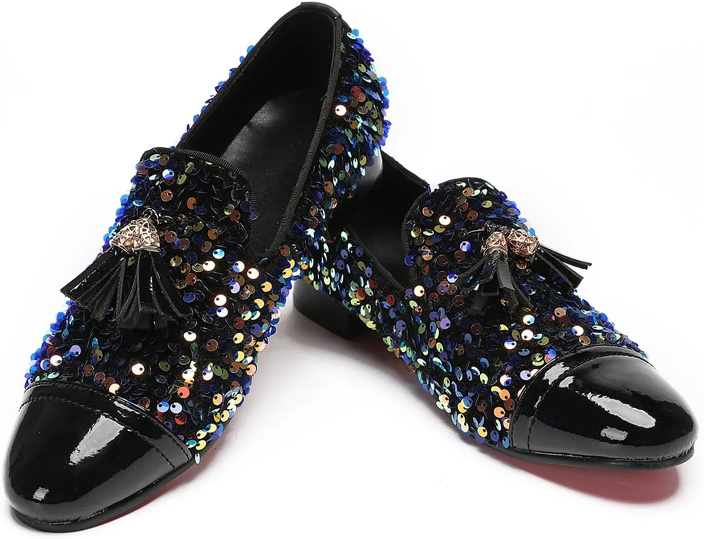 Santimon Men's Glitter & Tassel Dress Loafers | Genuine Leather Slip-On Wedding/Prom Shoes | Western-Inspired Moccasin Penny Loafers for Ballroom/Disco/Black-Tie Events