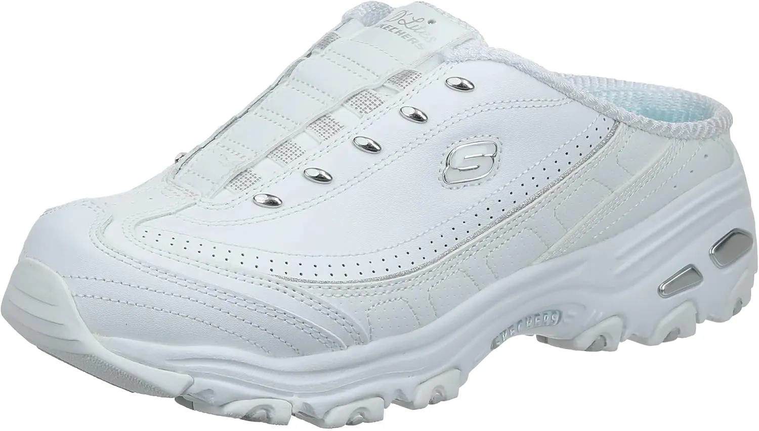 Skechers Women's D'Lites Bright Sky Mule, White/White/Silver, Size 7.5