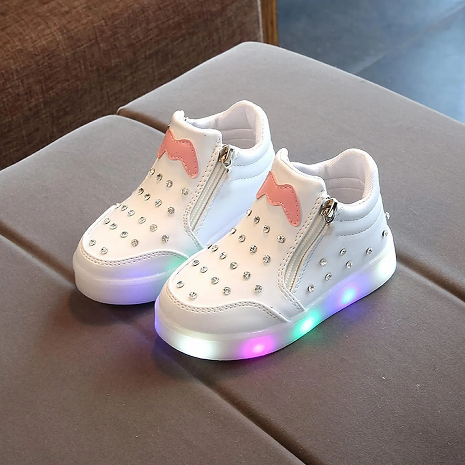 Toddler Little Girls Boys LED Flashing Sneakers Leather Zipper Flat Short Boots Lightweight Sport Shoes for Kids