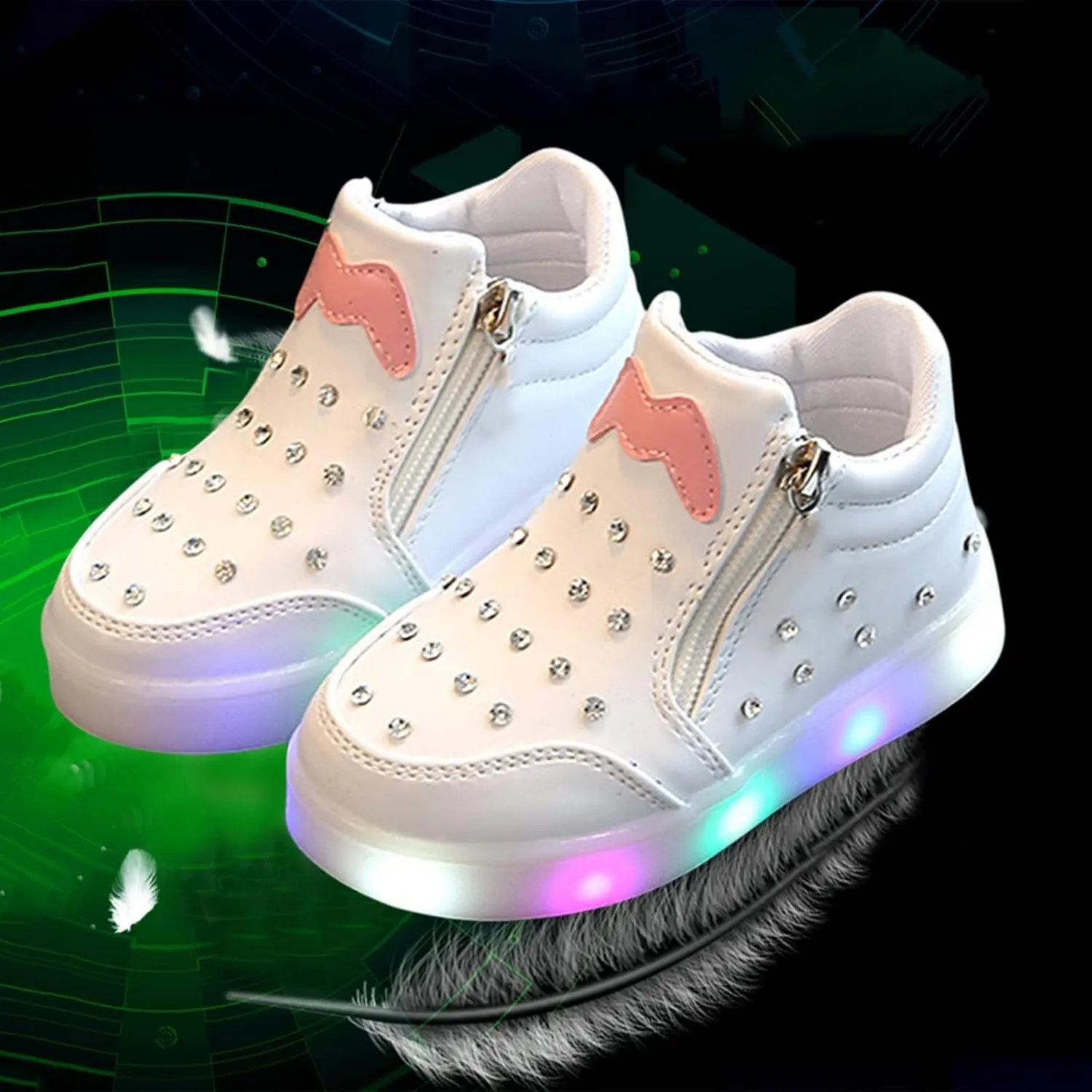 Toddler Little Girls Boys LED Flashing Sneakers Leather Zipper Flat Short Boots Lightweight Sport Shoes for Kids