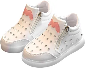 Toddler Little Girls Boys LED Flashing Sneakers Leather Zipper Flat Short Boots Lightweight Sport Shoes for Kids
